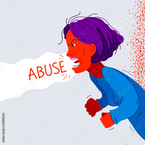 Aggressive woman psychological abuser vector illustration, scream and shout quarrel with violent clenched fists, domestic violence and abuse, alcoholism bad behavior, psychopath manipulator.