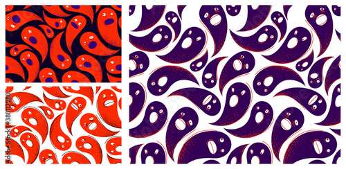 Ghosts seamless textile pattern set, endless texture with horror funny cartoon Halloween theme, wallpaper background spooky spirits with scary faces.