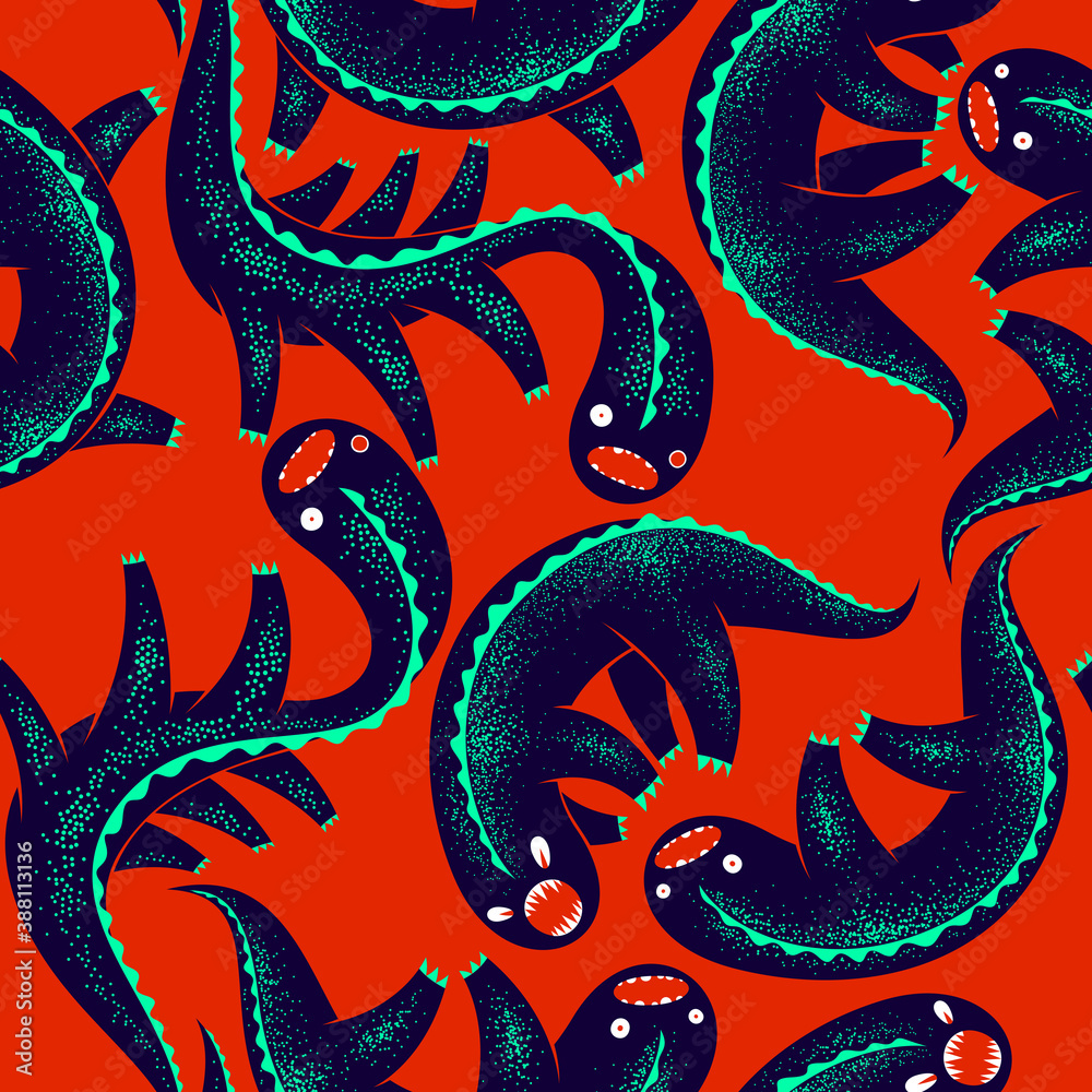 Obraz premium Scary horror monsters seamless vector textile pattern, beasts creatures endless wallpaper, stylish background for Halloween theme, funny picture.