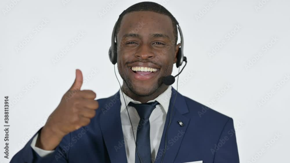 Thumbs Up by African Businessman with Headset, white Background