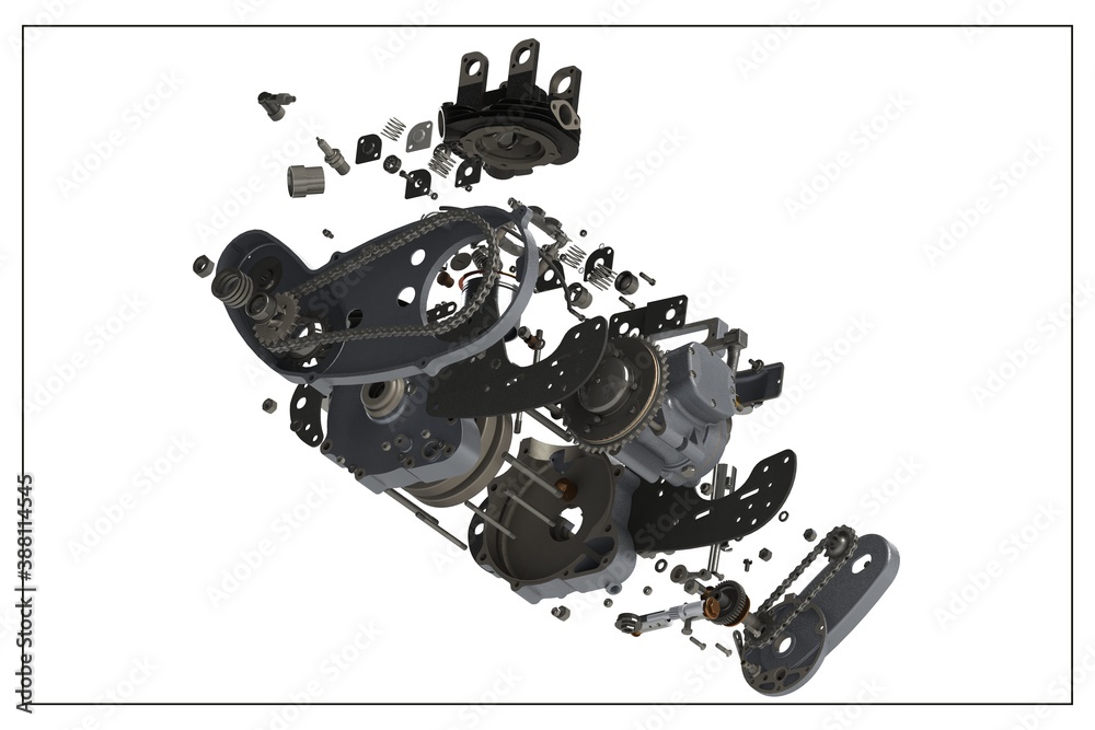 Motorcycle Exploded 3D design of a motorcycle engine with exploded view. Stock-Illustration ...