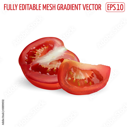 Sliced red tomato on a white background.