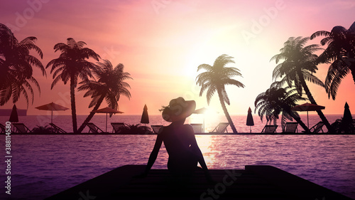 Female silhouette at the resort during sunset.