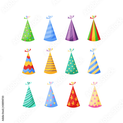 Birthday party hats set vector illustration in a cartoon flat style isolated on white background. Colorful party caps for celebration design.
