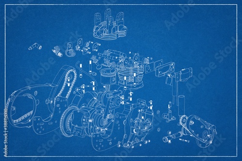 3D design of a motorcycle engine with exploded view.