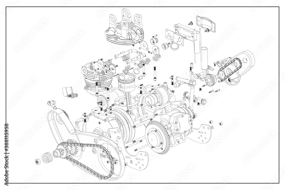 Obraz premium 3D design of a motorcycle engine with exploded view.