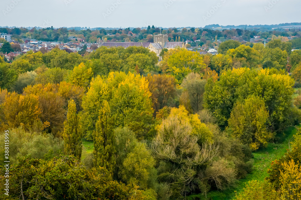 A view north from St Catherines Hill over Winchester, UK in Autumn