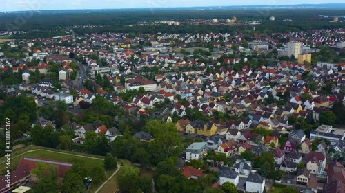 Aerial view of the city Rüsselsheim in Germany. On a late afternoon in spring.  photo