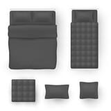 Bedding for double size and single beds black blank mock ups realistic set. Bedroom accessories.