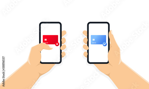 Hands holding phone with payment form on the screen, payment by card online. Online payment confirmation. Credit card with check mark. Credit card with agree and denied sign. Scan terminal.