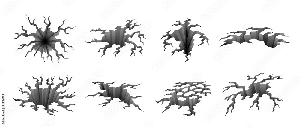 Ground cracks, clefts, holes set. Break of earth surface. Split, crevice in rock, cliff. Ground cracks, clefts, holes set. Break of earth surface. Split, crevice in rock, cliff.