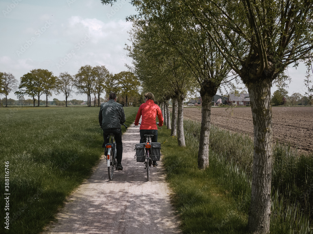 Fototapeta premium Cycling in Dutch countryside in agriculture fields, cycle lane