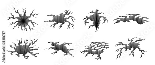 Ground cracks, clefts, holes set. Break of earth surface. Split, crevice in rock, cliff.