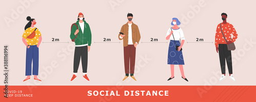 Covid-19 preventive measures. Vector illustration in contemporary flat style  of diverse group of people in medical face masks keeping safe distance. Isolated on background.