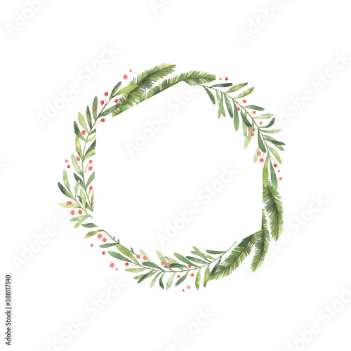 Watercolor vector illustration. Pre made Christmas frame. Perfect for invitations, greeting cards, prints, packaging and more. Merry christmas and happy new year