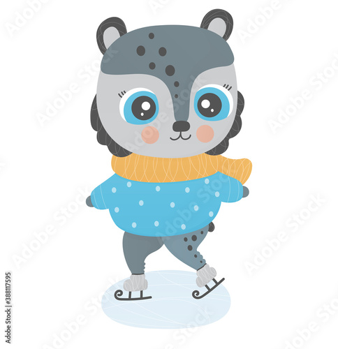 A cute little teddy bear is skating on ice. Outdoor recreation on a white background. Christmas isolated baby illustration. Winter cartoon theme. Character for print  design  sticker  textile. Vector.