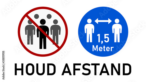 Houd afstand ("Keep Your Distance" in Dutch) 1,5 m or 1,5 Metres Maintain Social Distancing and Avoid Public Gatherings Icon. Vector Image.