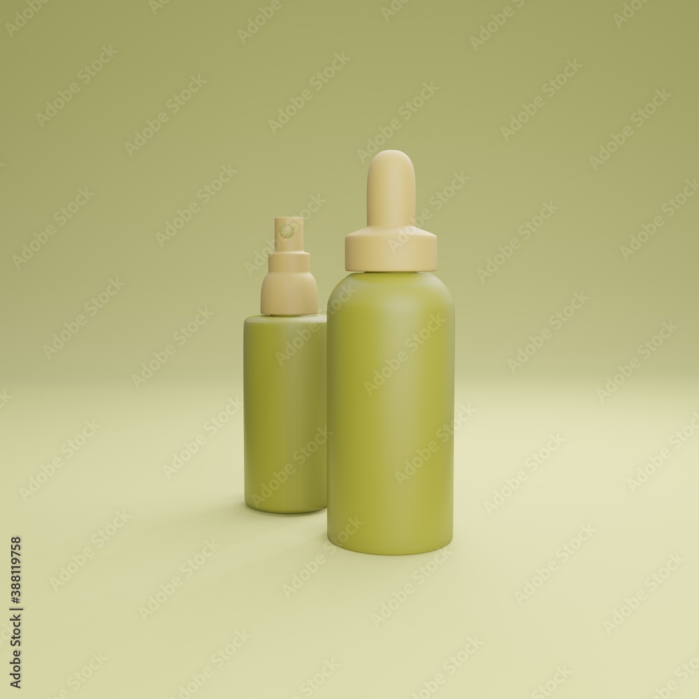 Elegant cosmetic bottles on medallion background. Modern cover design. 3d illustration.