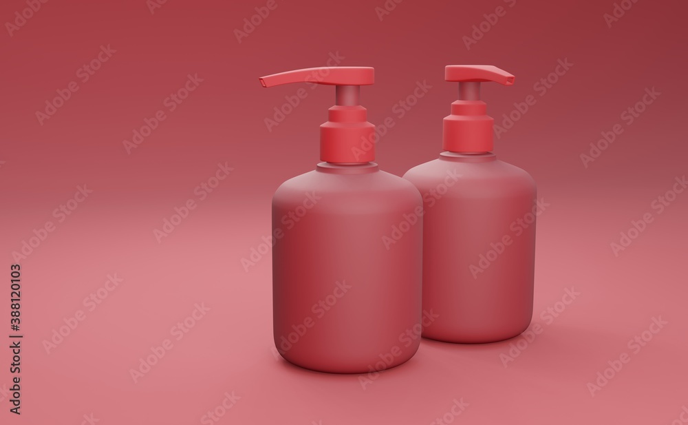 Elegant red cosmetic bottles on a red background. Modern cover design. 3d illustration. Elegant red cosmetic bottles on a red background. Modern cover design. 3d illustration.
