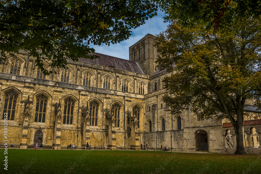 A view towards the cathedral in Winchester, UK in Autumn