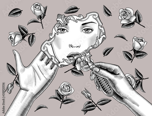Engraved vintage drawing of female hands holding retro decorative mirror with reflection of woman face on background of roses