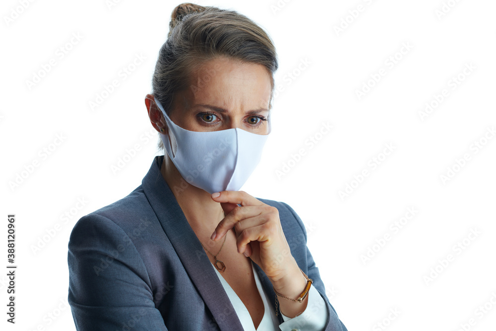 Portrait of pensive business woman in grey suit on white Portrait of pensive business woman in grey suit on white