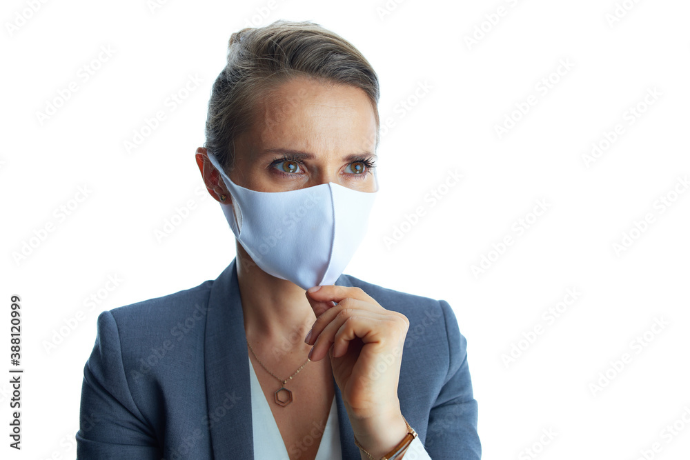 pensive elegant business woman in grey suit on white pensive elegant business woman in grey suit on white