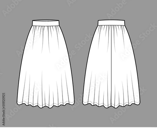 Skirt dirndl technical fashion illustration with below-the-knee lengths, semi-circular fullness, thick waistband . Flat bottom apparel template front, back, white color style. Women, unisex CAD mockup
