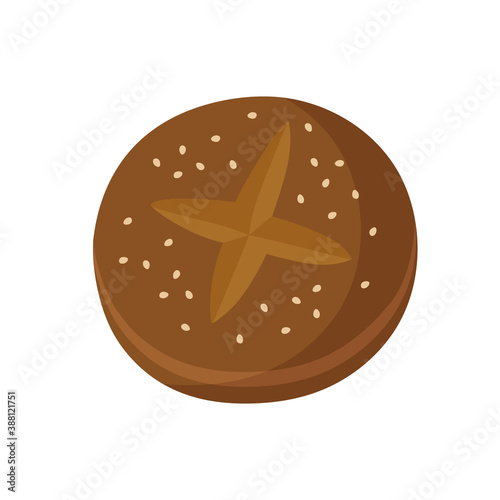 Vector illustration of round black bread, made of rye flour, sprinkled with sesame seeds. Hand-drawn round bread set isolated on white background. Baking products. Healthy eating.