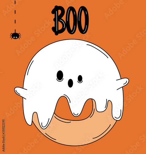 Cute cartoon character donut ghost halloween vector card illustration with hand drawn lettering boo word and spider