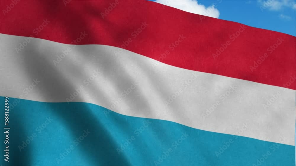 Luxembourg flag waving in the wind, blue sky background. 4K