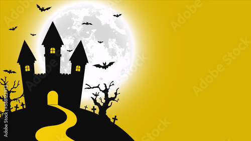 Halloween night background. Haunted house and full moon. Vector banner.