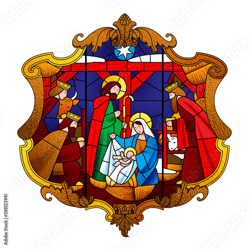 Stained glass window depicting Christmas scene in decorative baroque frame isolated on white
