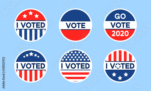 USA 2020 voting icons. Set of circle flat stickers with I voted quote in red and blue, stars and stripes. Round american elections labels. Concept of responsibility