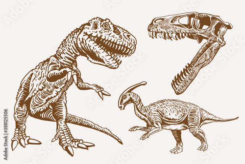 Fototapeta Naklejka Na Ścianę i Meble -  Vector set of dinosaurs, sepia background