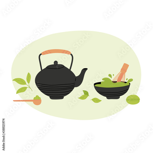 Matcha tea set vector illustration. Collection objects isolated on white. Hand drawing of matcha green tea preparation accessories. Colored trendy illustration