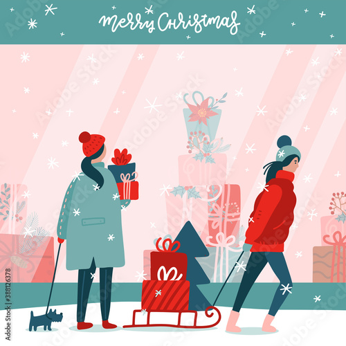 Vector cozy illustration of people on the street looking at store showcase, at the market for sales. Drawing for banner, background or poster. woman characters with gift boxes. Christmas shopping.