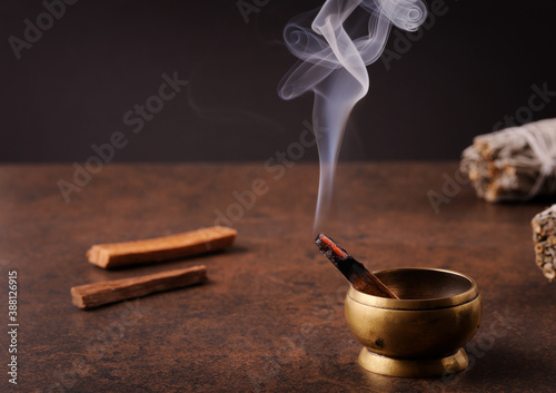 Canvastavla The smoke of burning palo santo stick .