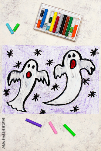Colorful drawing  Two Scary White Ghosts. Halloween drawing on white  background