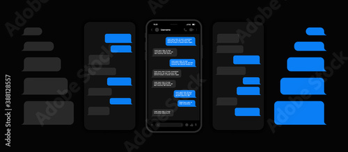 Messenger UI and UX Concept with dark interface. Smart Phone with carousel style messenger chat screen. Sms template bubbles for compose dialogues. Vector illustration