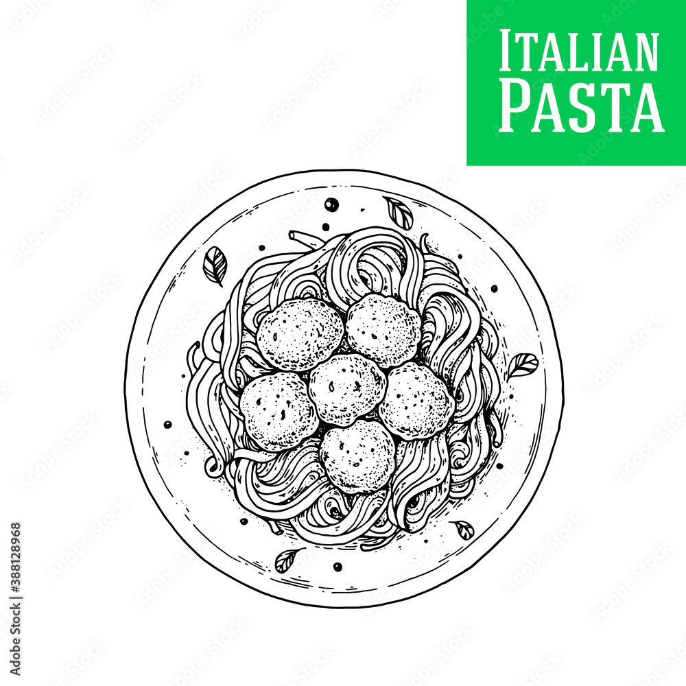 Pasta dish vector illustration. Italian cuisine. Pasta and meatballs