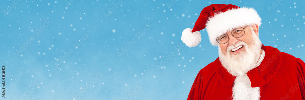 A happy Santa Claus on a snowy background.