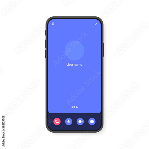 Mobile phone video call screen interface for video chatting, social media and communication. Smartphone mockup template. Vector illustration