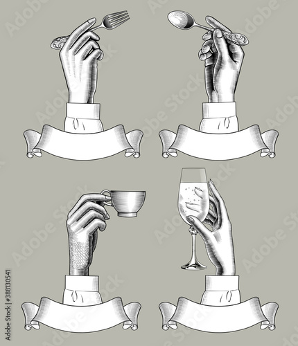 Engraved vintage color drawing of hands holding spoon, fork, coffee cup and vine glass over retro ribbon banners