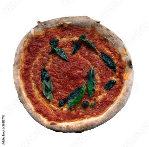 Εκτύπωση καμβά Overhead shot of a vegan cheese-less marinara pizza with basil leaves on a white