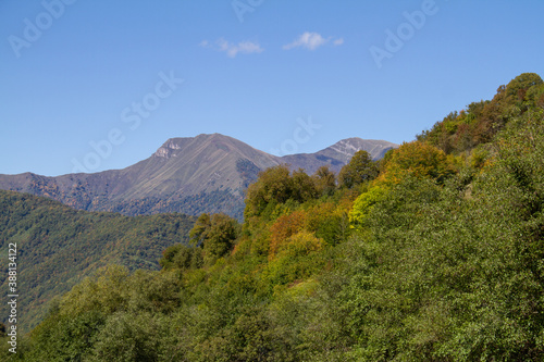 Georgian mountain tops behind autumn colored forest
