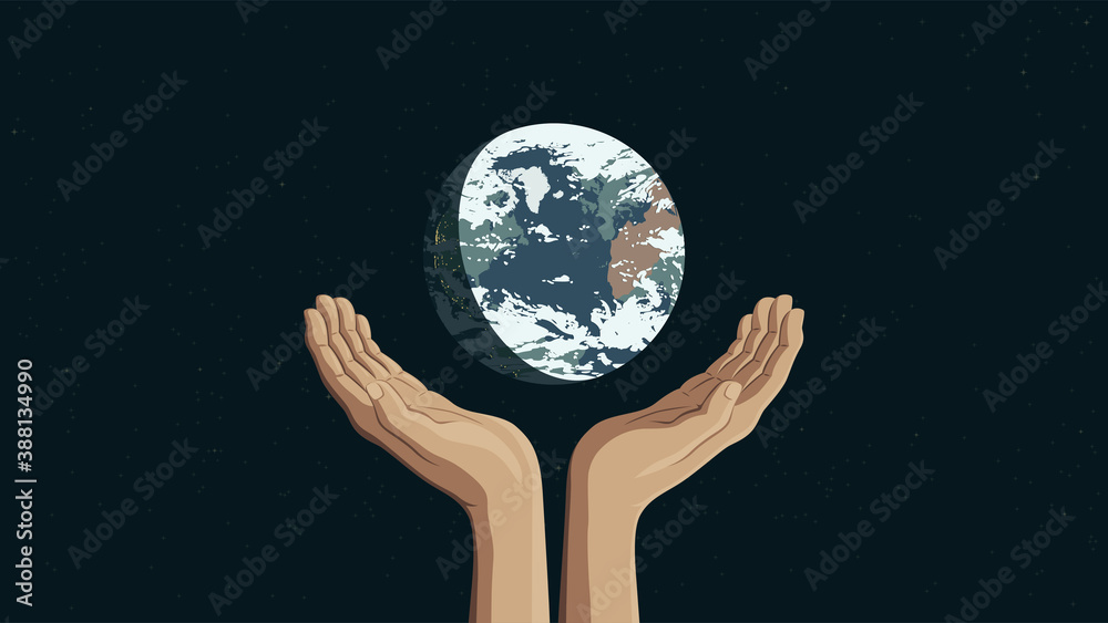 Detailed flat vector illustration of two hands holding the Earth. Detailed flat vector illustration of two hands holding the Earth.