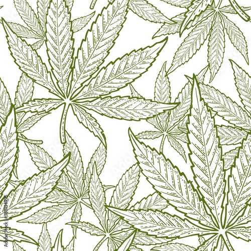 Seamless pattern with marijuana leaf. Vintage black vector engraving illustration
