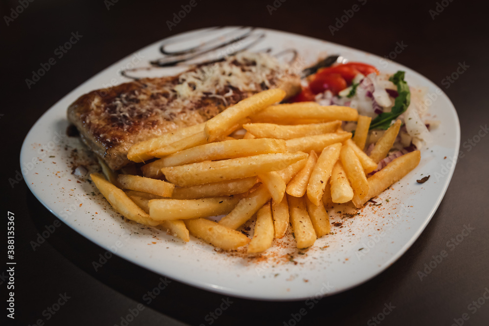 roast meat with cheese and salad on a plate and salad on a plate