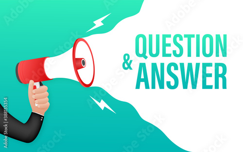 Hand Holding Megaphone with Question and Answer. Megaphone banner. Web design. Vector stock illustration.